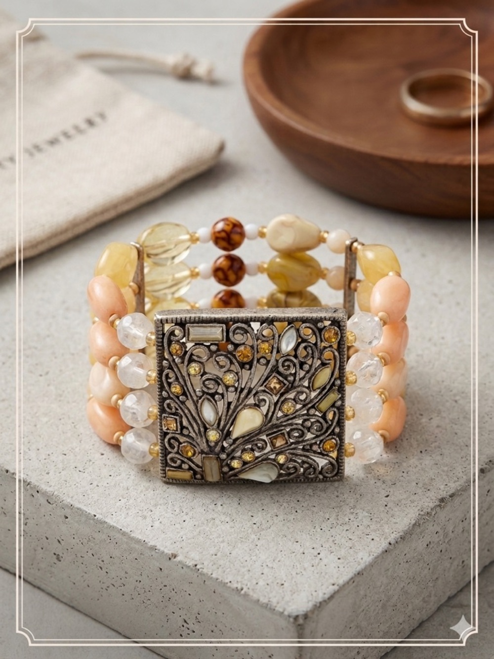 Beaded Multi-Strand Bracelet with Ornate Square Accent - Peach & Ivory